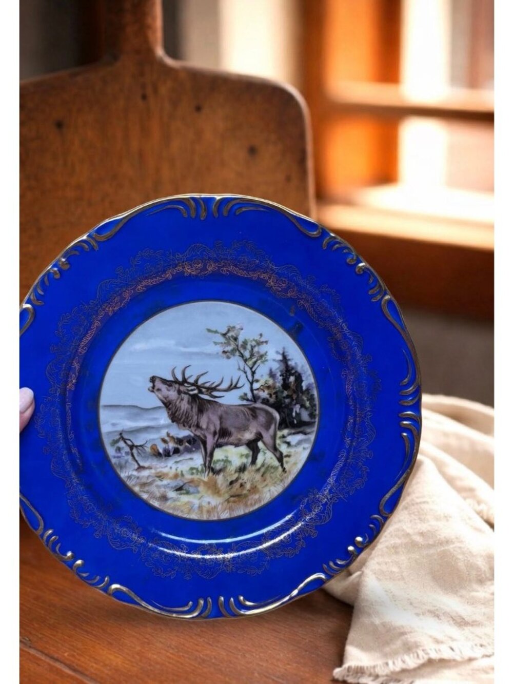 Royal Vienna Style Cobalt Blue Porcelain Cabinet Plate with Elk Motif and Gilded